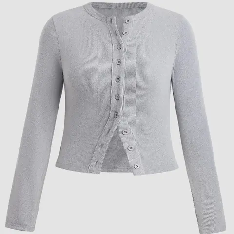 [Plus Size] Solid Color Ribbed Button Front Fitted Cardigan, Casual Long Sleeve Round Neck Lightweight Casual Fashion Knitwear for Spring & Fall, Women's Tops for Daily Wear Womenswear Knitting
