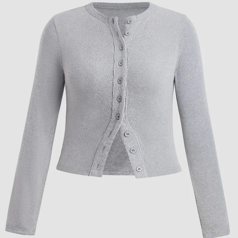 [Plus Size] Solid Color Ribbed Button Front Fitted Cardigan, Casual Long Sleeve Round Neck Lightweight Casual Fashion Knitwear for Spring & Fall, Women's Tops for Daily Wear Womenswear Knitting