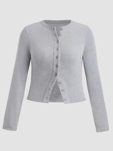 【plus size】 solid color ribbed button front cardigan, casual basic long sleeve round neck knitwear for spring & fall, women's tops for daily wear, longsleeves womenswear, knitted clothes, slight stretch lady soft casual fabric knitwear