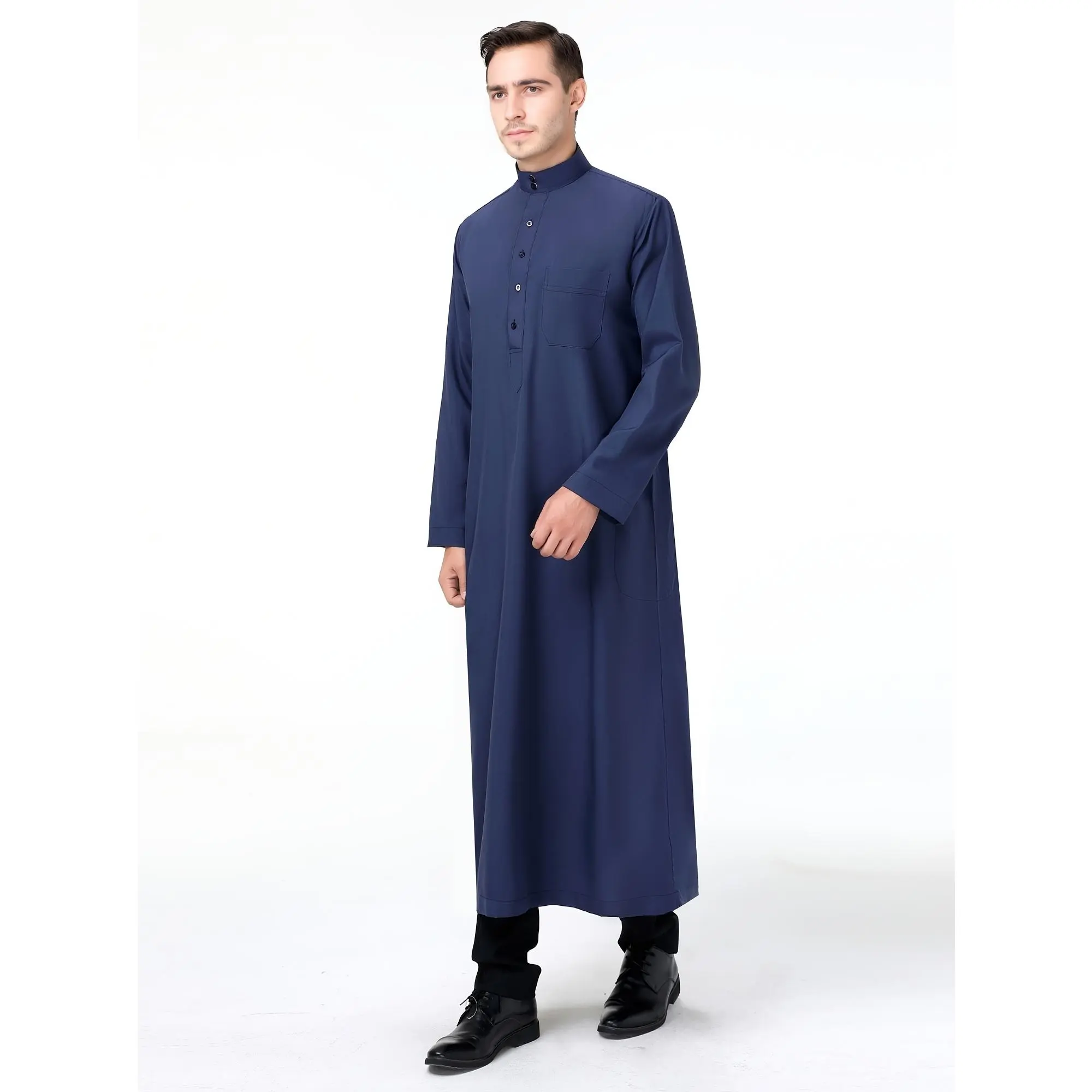 Men'S Polyester Thobe Kaftan - Solid Color Long Sleeve Islamic Robe with Stand Collar, Regular Sleeve, Button Detail, Woven Fabric, Non-Stretch, All Season Party Wear - Middle Eastern Dubai Dishdasha