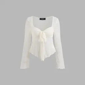 Cider [5 colors, size 0-26] Lace Square Neck Knotted Long Sleeve Top