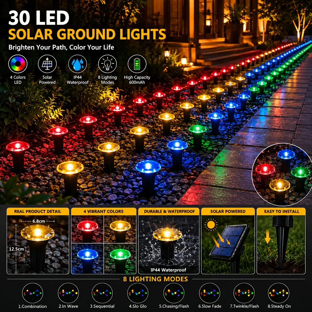 30 LED outdoor solar lawn lights, IP44 waterproof rating, suitable for Christmas lighting and small garden path illumination; ground stake lights for courtyards, gardens, and porch pathways; string lights.Camping parties, weddings—each LED light bead emit