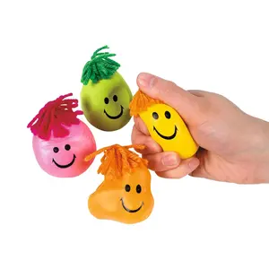 2" Mini Neon Smile Face Latex Stress Toys with Hair - 24 Pc.