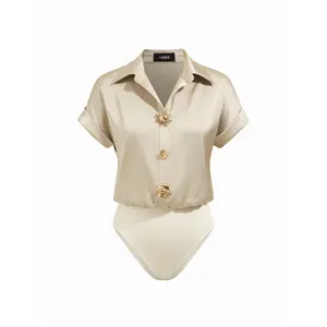Cider Satin Collar Short Sleeve Metal Detail Blouse Bodysuit Casual Shortsleeve