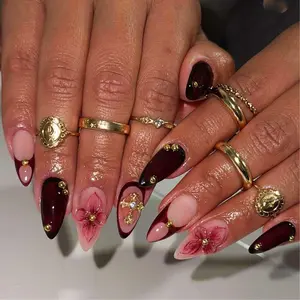 3D Flower Gold Gems Metal Charm Medium Almond Summer Press On Nails – 24 pcs Fake Nails, Kit with Jelly Glue & File