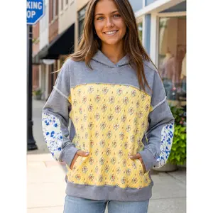 Women’s Fashion Hoodies Long Sleeve Floral Print Quilted Patchwork Sweatshirts Streetwear Tops