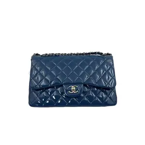 Pre-owned france Crossbody Bags Chanel blue patent leather double flap CF Jumbo chain bag