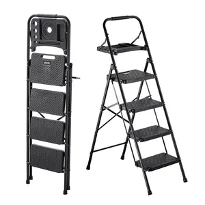 VEVOR 4 Step Ladder, Folding Step Stool with Wide Anti-Slip Pedal, Tool Tray, Comfort Handgrip, 600 lbs Capacity Portable Steel Ladder, Multi-Use for Kitchen, Home, Household and Office, Black