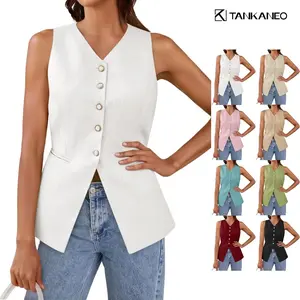 Tankaneo Womens Summer Suit Vest Tops Fashion Casual Sleeveless Blazers Split Hem Button Down Linen Work Waistcoat