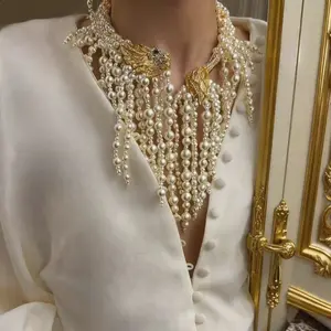 Women's Heavy-Duty Hand-Woven Pearl Tassel Choker Necklace - Rhinestone-Embossed Lion Head Statement Collar, Luxurious Noble Style Oversized Costume Jewelry for Evening Parties