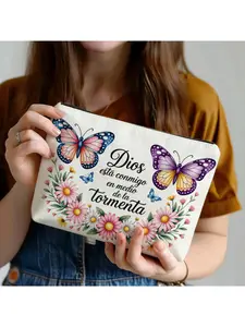 1pc God Is with Me Butterfly Floral Cosmetic Bag, Suitable for Makeup Supplies, Skincare Products, Toiletries, And Makeup Tool Organization, Universal Fashion Toiletry Bag