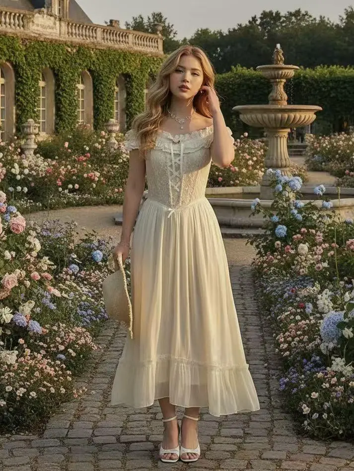 Blanche Garden Corset Dress-French Garden Corset Midi Dress, Soft Cream Chiffon, Lace Trim, Romantic Off Shoulder, Flowy Skirt, Vintage Princess Style, Summer Picnic Outfit, Elegant Vacation Dress for Women - TikTok Shop Blanche Garden Corset Dress-French Garden Corset Midi Dress, Soft Cream Chiffon, Lace Trim, Romantic Off Shoulder, Flowy Skirt, Vintage Princess Style, Summer Picnic Outfit, Elegant Vacation Dress for Women - TikTok Shop