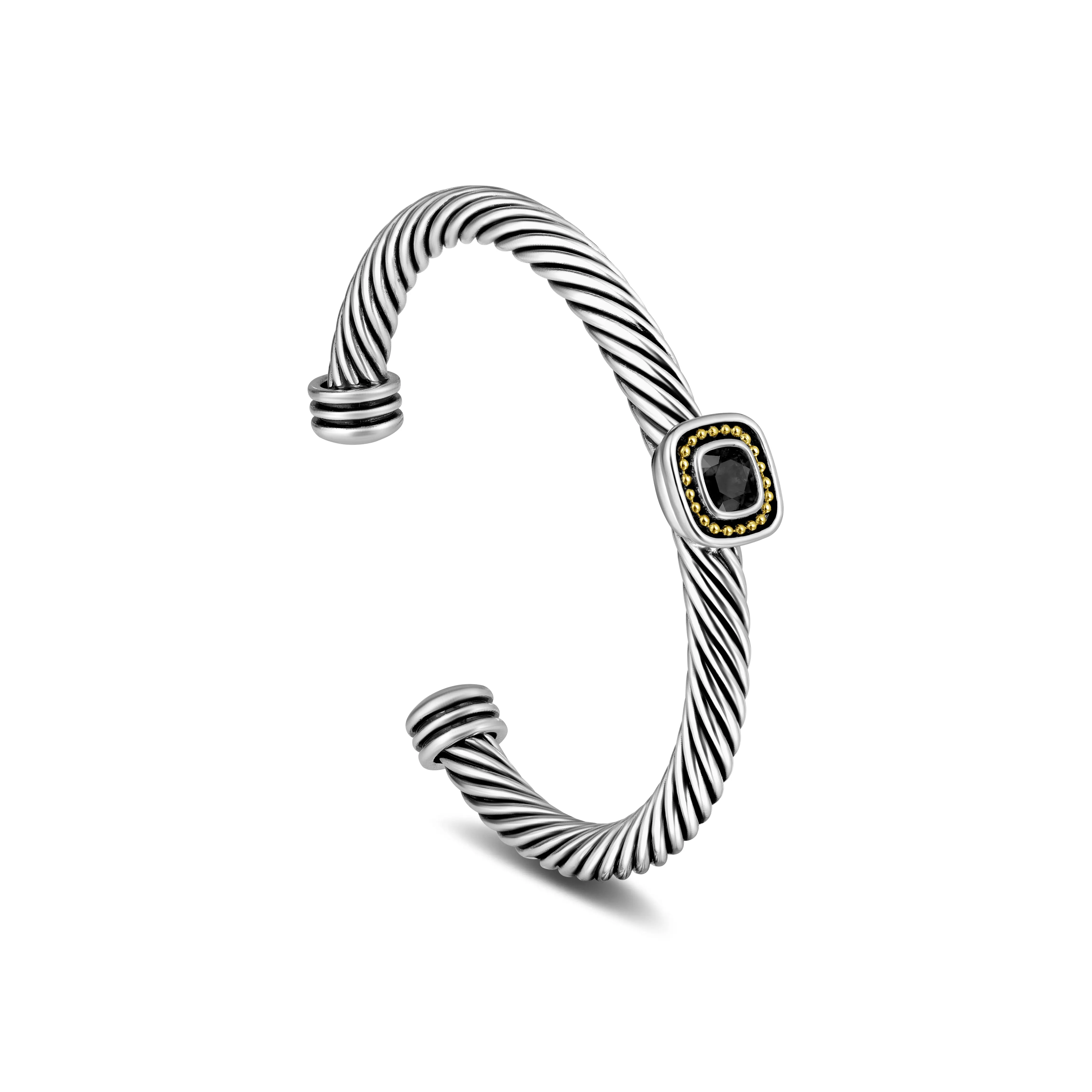 Aprilery Two-Tone Cable Cuff Bracelet – Vintage Wire Twisted Bangle with Blue Jewelry Accent for Women