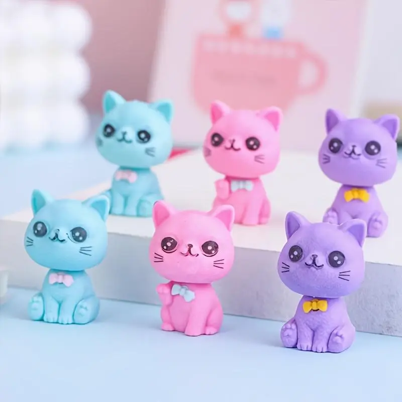Cute Cat Eraser Set, Soft PVC Material, Light Color with Bow Tie Design, Perfect Companion for Learning, Ideal Study Tool | Optimistic Style