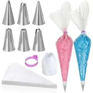 200 count Pastry Piping Bags and Tips Set, 24-Inch Disposable Icing Bags for Cake Decorating Kit with 1 Coupler and 6 Stainless Steel Frosting Tips, Professional Cake Supplies