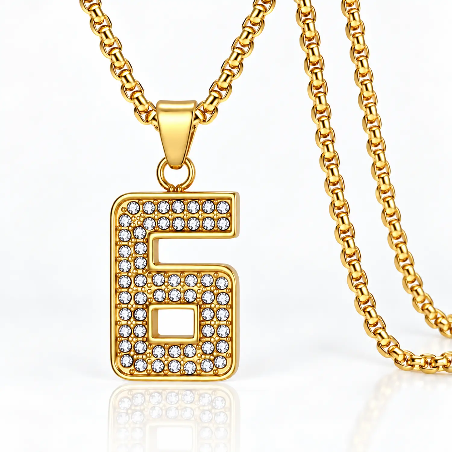 Men's Stainless Steel Number Pendant Necklace With 18-24 Inch Box Chain Fashionable Cubic Zicron Modelling Design Polished Gold Silver