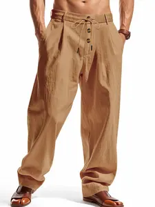 Plus Size Men's Casual Linen Blend Pants, Multi Colors Available, Button Decor Drawstring Waist Loose Straight Leg Trousers, All Match Lightweight Daily Pants