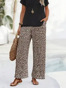 Women's Sexy Vintage Leopard Wide Leg Pants, Casual Loose Straight Long Trousers, Slimming Versatile All Season Wear