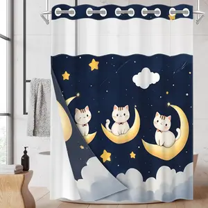 1pc hookless shower curtain with buckle lining, blue, white, white cat design, 2D flat printing, fabric waterproof lining, see-through window double-layer, 71 x 74 inches, modern home decoration, Bathroom supplies