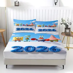 3-Piece 2026 Spongebob Squarepants Pattern Fitted Sheet Set, Soft And Durable Bedding Set Includes 1 Piece Flat Sheet And 2 Pieces Pillowcases, Daily Holiday Birthday Gift Bedroom Decorations For Kids And Adults