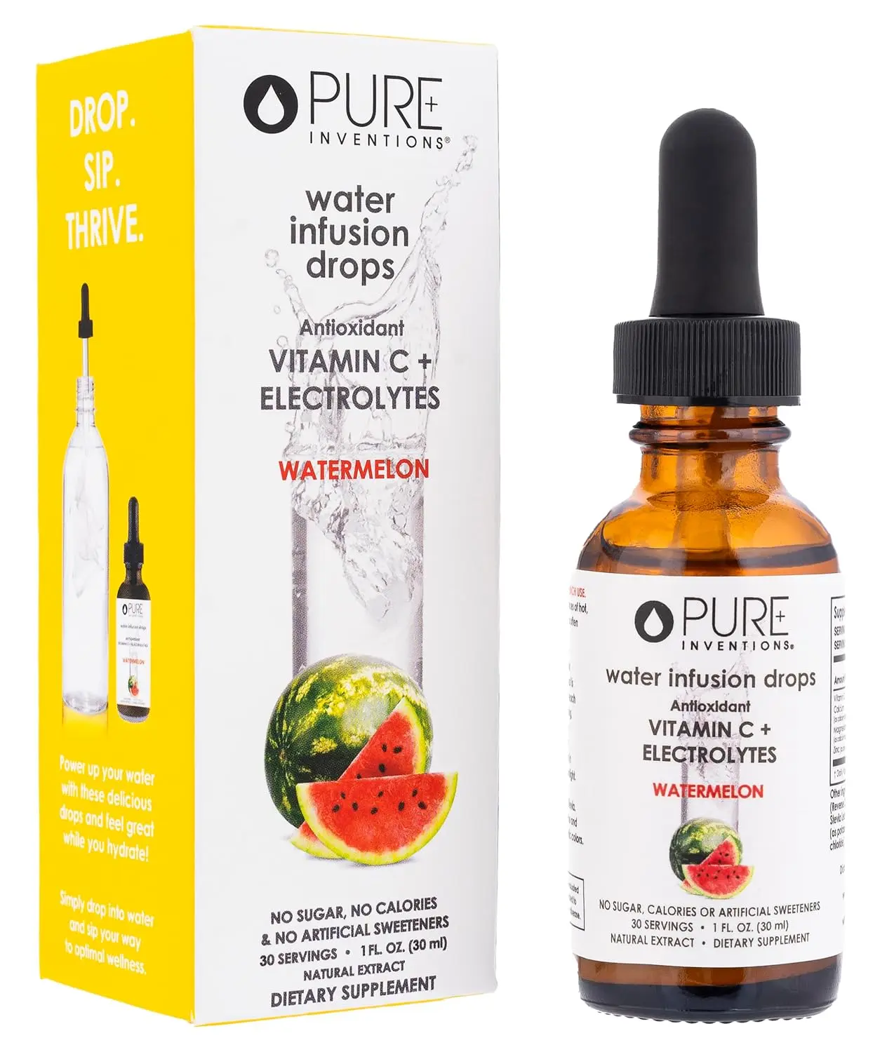 Pure Inventions Watermelon Premium Water Infusion Drops - Sugar-Free Electrolyte Drops, Antioxidant Vitamin C Support, 0 Calories, No Artificial Sweeteners, 30 Servings