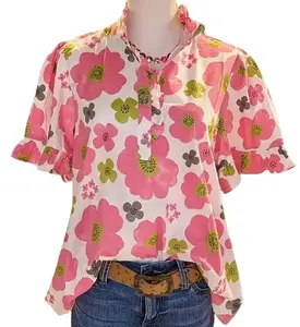 Viral-Worthy Floral & Leopard Print Top with Puff Sleeves Boho Chic Halloween Party Blouse in Pink Polyester Fabric Regular Fit Woven Women's Shirt