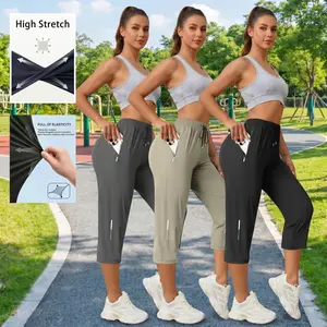 Women’s summer high-stretch quick-dry running capri pants with zippered pockets, ice silk breathable fabric that doesn’t trap sweat—ideal for fitness training, outdoor activities, and casual sports.