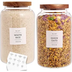 Set of 2 Large Glass Jar with Airtight Acacia Lid and 132 Kitchen Pantry Labels, Clear Glass  Storage Jars Containers for Rice Flour Pasta Sugar Coffee Cookie and (98 Fl Oz/2800 Ml)