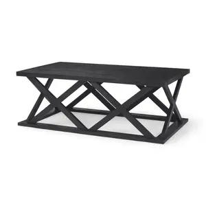 360 Stand 48 in. Black Solid Wood Modern Geometric Grid Frame Coffee Table with Open Base, Modern Coffee Table
