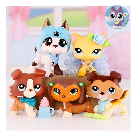 Cute Kawaii Minifigure Animals Set - Minilpsshop Pet Shop Themed Plastic Collectible Figure Decor, Model Collectible Figurine for Ages 12+,12 Years Above, Kids' Xmas/Bday Gift (Great Dane,Dachshund,Collie,Shorthair Cat)