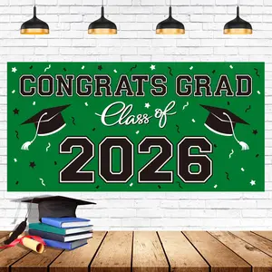 2026 Graduation Party Plastic Backdrop - 65" x 32.7" Congrats Grad Banner in Green, Large Class of 2026 Decorations, Photography & Grad Party Supplies