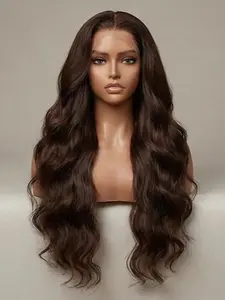13x4 HD Lace Front Wigs Free Part Natural Color Human Hair Frontal Lace Replacement Wig Long Wavy Dark Brown Color Glueless Pre Plucked Natural Hairline Baby Hair Around Body Wave 200% High Density for Women Ladies Daily Party Use