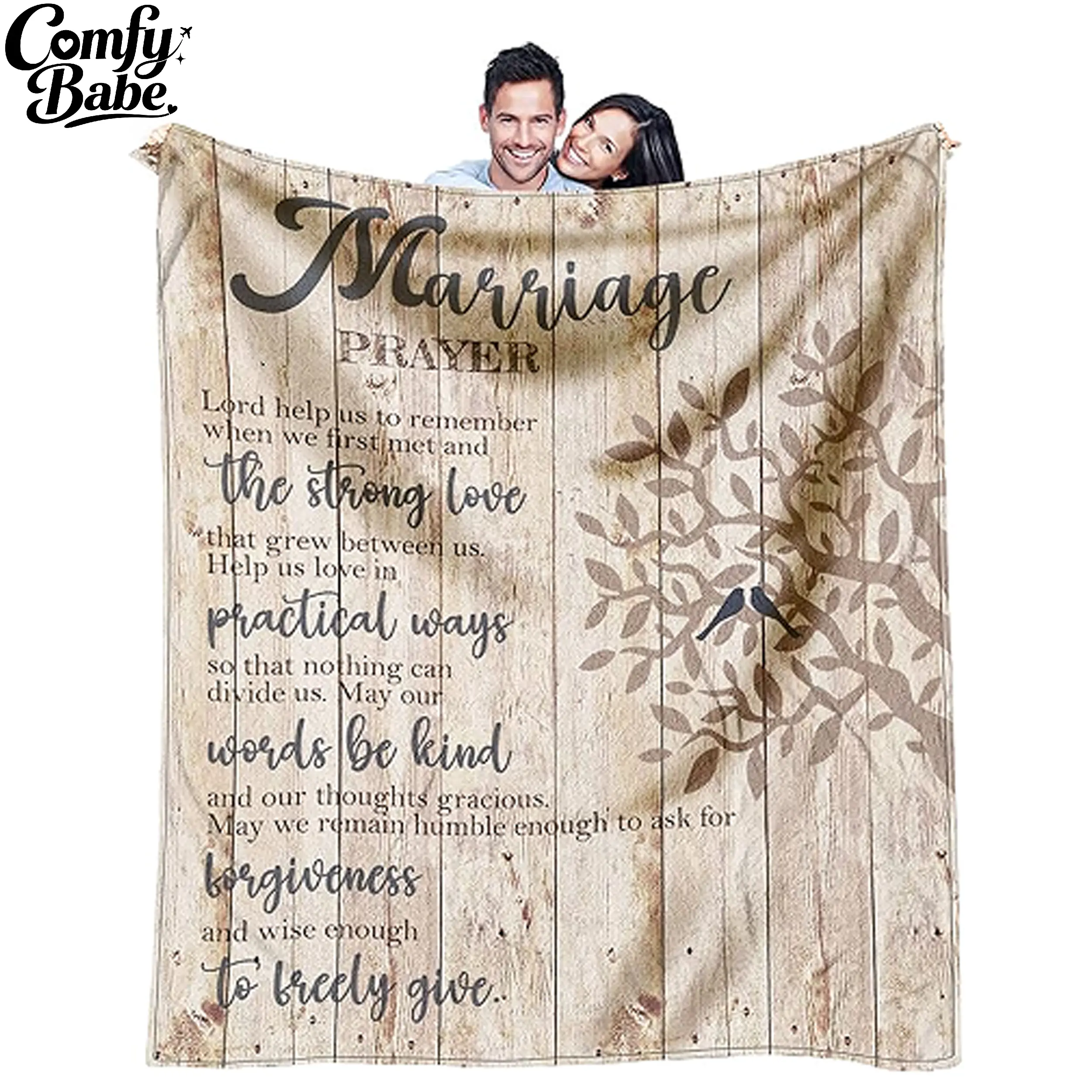 Marriage Prayer Blanket | "The Strong Love" | Wedding Anniversary | Christian Gifts | Rustic Wood | For Him & Her | Soft Sherpa Bed Blanket