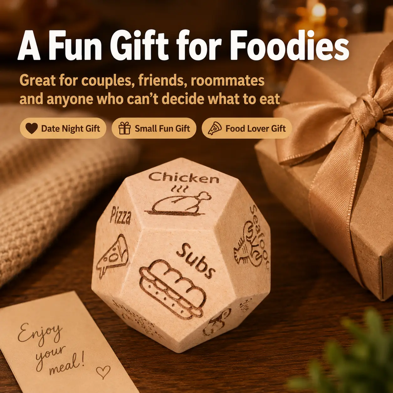 Funny Food Decision Dice for Adults, Wooden 12 Choice Takeout Decider, Date Night Dinner Game for Couples, Roommates & Families, White Elephant & Holiday Party Gift