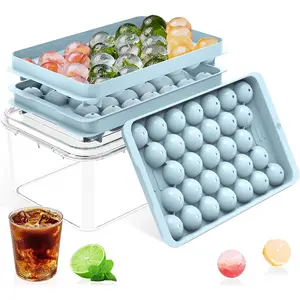 Ice Cube Tray with Lid and Bin, BPA-Free Food-Grade Ice Mold, Stackable Ice Ball Maker, Circle Ice Tray for Cocktails, Whiskey, Coffee, Drinks - Perfect for Freezer