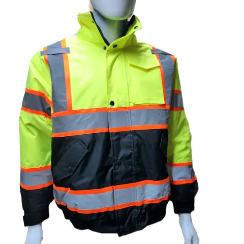 High Visibility Water Resistant Yellow Bomber Safety Jacket with Hoodie / Reflective Safety Sherpa Insulated Jacket