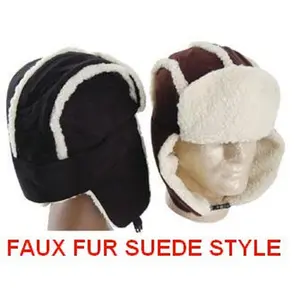 CrazyCoolBuys Black Faux Fur Suede Style Winter Trooper Aviator Hat Winter Trapper