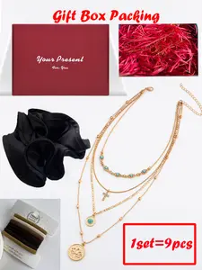 9pcs Gift box Set, Satin Scrunchies Necklace Set - Big Silk Satin Scrunchie Exra Large Jumbo Gaint Oversized Cute Scrunchy for Curl Thick Hair Fashionable Versatile High-End Elegant Simple Minimalist Hair Ties