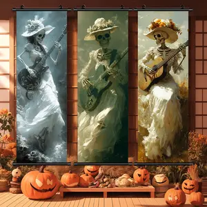 3 Counts Halloween Hanging Banner, Skeleton Playing Guitar Posters, Halloween Mural And Decorative Posters, Fun Party Decorations, Horror Themes, Living Room, Bedroom, Home Posters, High Definition, Waterproof, Ideal Gifts
