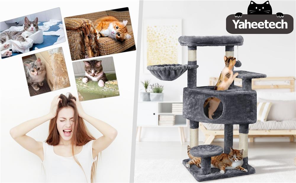 Yaheetech 46″ Height Multilevel Cat Tree Big Plush Cat Condo Scratching Posts for Cats with Perch Platform Basket Condo for Kitten Tower Indoor Cats