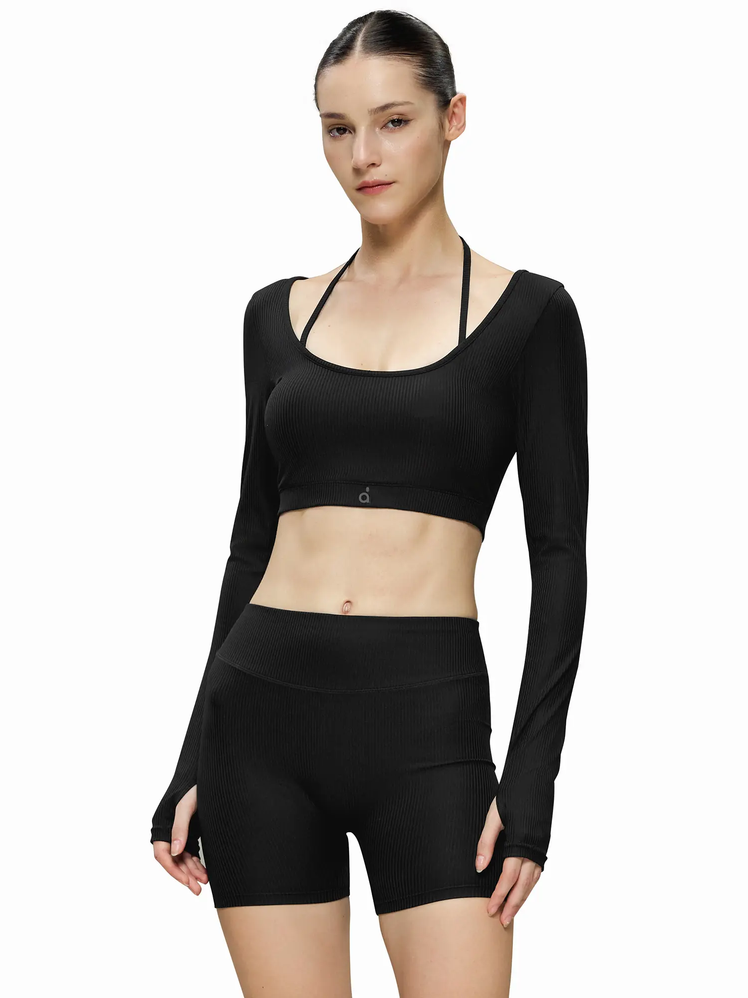 FDR X AOSSIO Women's Two-Piece Layered Long Sleeve Yoga Top Built-in Pads & High-Waisted Biker Shorts Two Piece Matching Workout Set Activewear sport