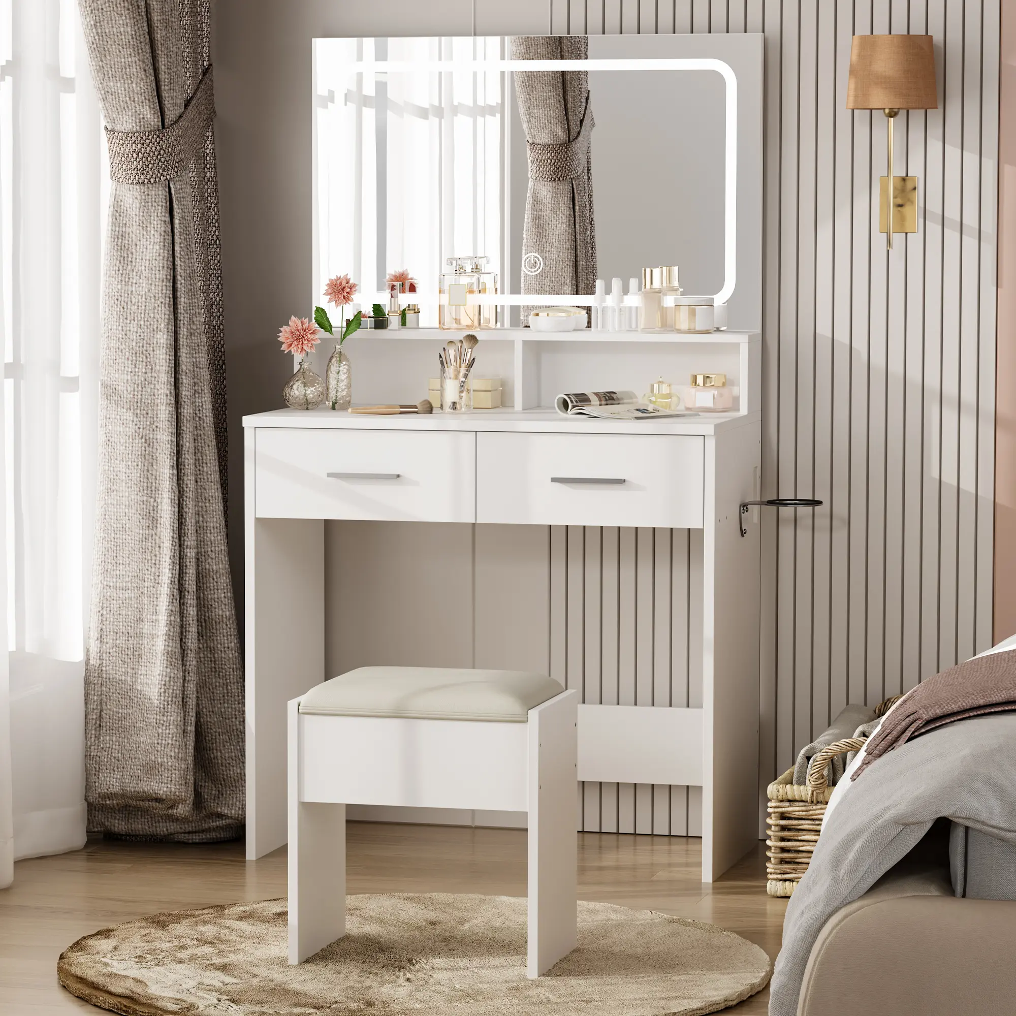 White Makeup Vanity Desk with Adjustable LED Mirror and Lights - 3 Color Modes Backlit Vanity, Cushioned Stool, 2 Drawers, Charging Station, Modern Indoor Furniture for Bedroom, Makeup Studio, Vanity With Mirror