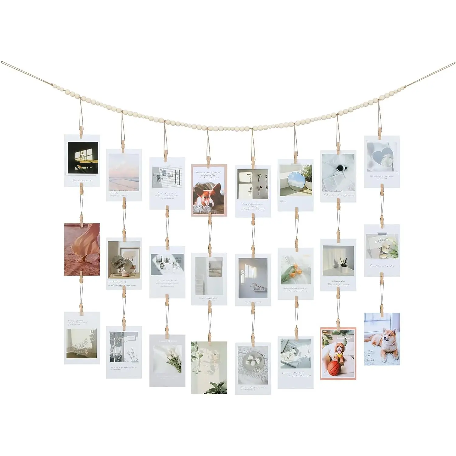 Hanging Photo Display with Clips Wall Decor, Boho Wooden Beads Garland Picture Banner, Collage Card  Art Holder Photo String with 28 Clips for Room Dorm Decor, Christmas Teen Girl Gifts