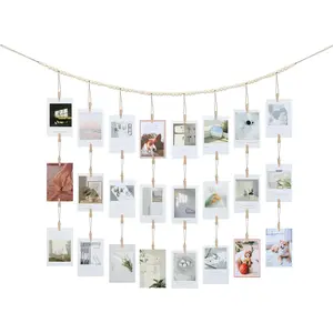 Hanging Photo Display with Clips Wall Decor, Boho Wooden Beads Garland Picture Banner, Collage Card  Art Holder Photo String with 28 Clips for Room Dorm Decor, Christmas Teen Girl Gifts