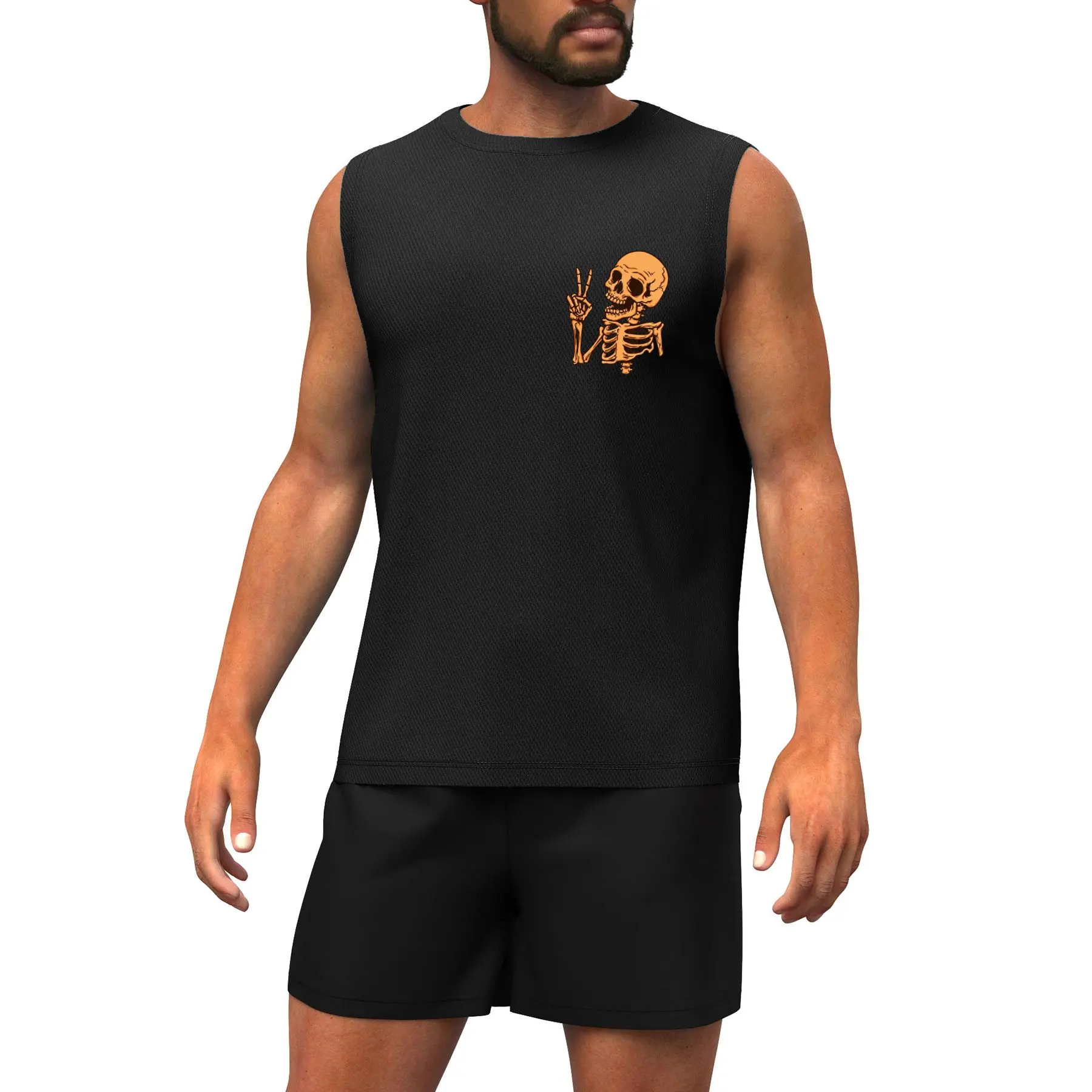 Unisex Small Pocket Skeleton Peace Sign Graphic Mesh Sleeveless Tank Top,100% Polyester Honeycomb Breathable Quick Dry Athletic Workout Vest, Moisture Wicking Loose Fit All Season Gym Training Singlet, Funny Halloween Skull Casual Streetwear for Men Women