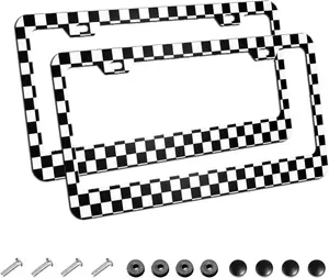 2Pack Simple Style Black and White Racing and Checkered   License Plate Frames,   Tags Frame with Screws Caps