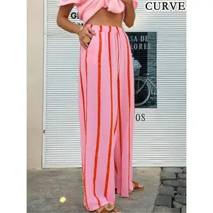 Striped Polyester Long Pants with Pockets, Simulated Drawstring Design, Perfect for Everyday Wear & Travel, Ideal for Spring/Summer Activities, Casual Bottom