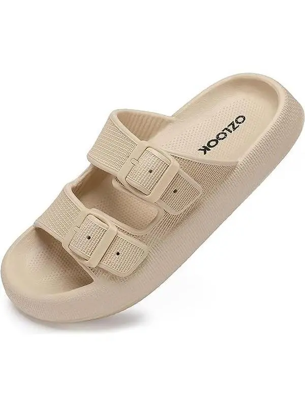 Unisex Cloud Pillow Slides, Ultra-Soft EVA Thick Sole Double Buckle Slippers with Anti-Slip Grip, Silent Indoor House Shoes for Indoor Wear