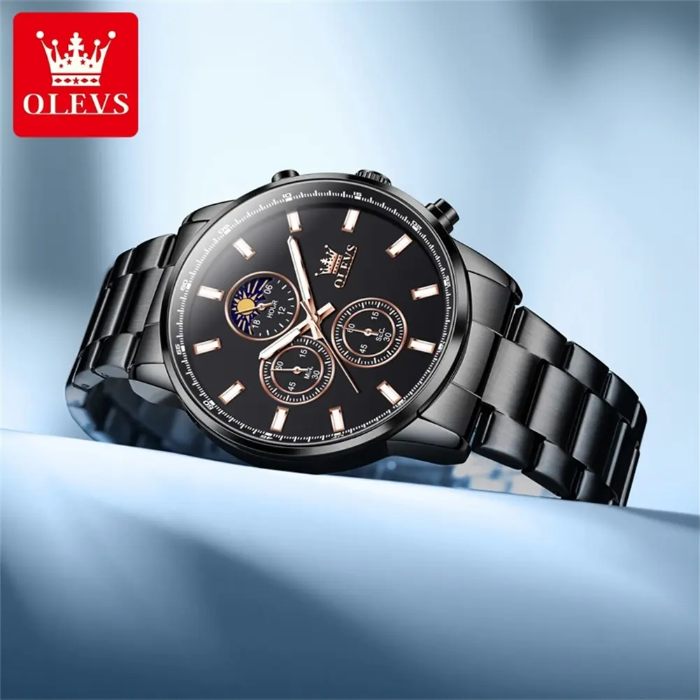 OLEVS Model 2902 Men's Analog Quartz Watch - Black Dial, Round Face, 42.5mm, Chronograph, 30M Splashproof Use, Metal Strap, Business Professionals' Pick, 24-Month Validity, Christmas Gift Option, 24 Months, Trendy Watch