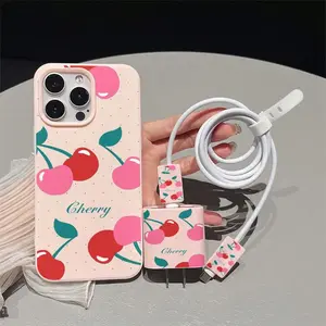 Cherry Pattern Phone Case with Charger Head Cover & Cable Protector & Storage Rope, Anti-drop Phone Case for iPhone, Casing